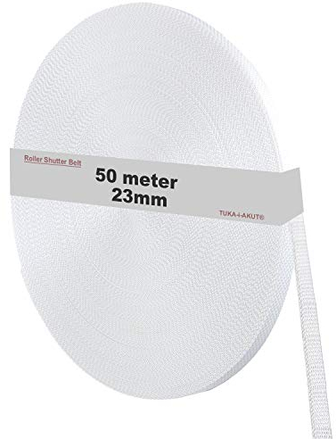TUKA-i-AKUT 50 m Rolladengurt, 23mm x 50m Rolle Stabiler Gurtband für Rollladen, speziell verstärkte Webkanten, hohe Reißfestigkeit Scheuerfestigkeit, UV Beständigkeit, Weiß, TKB5200 White