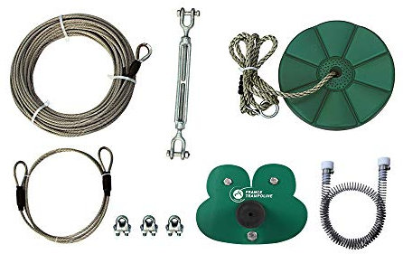 France Trampoline Seilrutsche für Kinder – Frog 28 m – Komplett-Set, einfach zu montieren, verzinktes Stahlseil und Federbremse – für Kinder und Erwachsene bis 110 kg