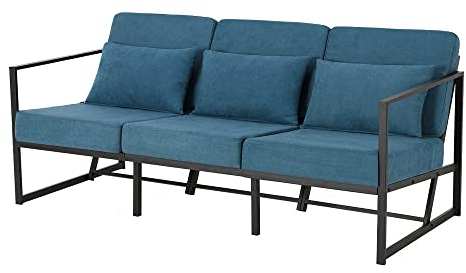 Mingone Sofa 3 Sitzer Sofa Couch Metall Sofa Sessel Modern Gepolsterter mit Leinen Soff Wohnzimmer,Blau 170cm