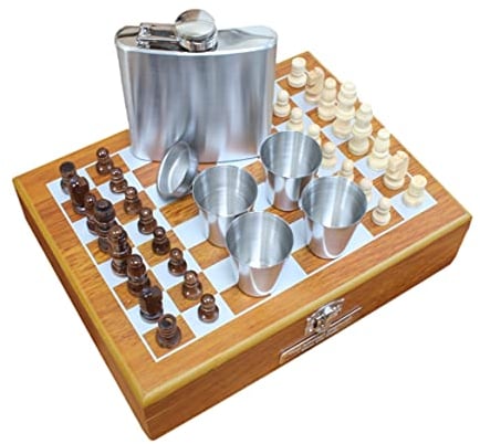 Personalised Chess Set & Pieces With Hip Flask and Shot Cups in Wooden Box