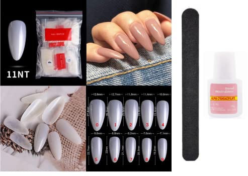 500 x False Artificial French Nail Kit Coffin, Ballerina Pointy Nail Art Acrylic Tips + Glue 10g + Nail File Nail extension Kit White Clear Natural fake nails with glue (KIT 11 CREAM TIPS)