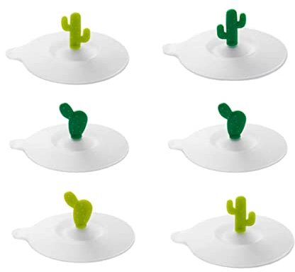 Binnan 6pcs Couvercles en Silicone pour Tasse, Couvercle de Tasse avec Décoration de Cactus, Réutilisables, Anti-Ppoussière