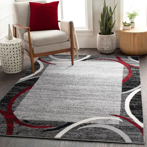TT Home Wohnzimmer Teppich Kurzflor Modern Meliert Gewelltes Design Mit Umrandung, Farbe: Grau Rot Anthrazit, Größe:80x150 cm