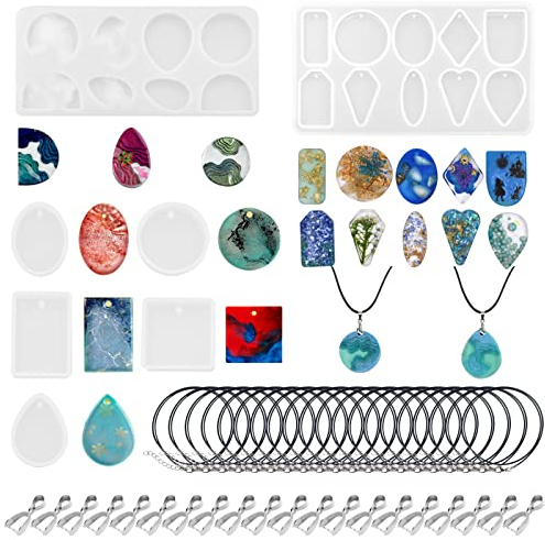 VEGCOO Kit de Moldes de Resina para Bricolaje, 61 Piezas Moldes Silicona Resina Epoxi para Joyería y Hacer Colgantes/Collares
