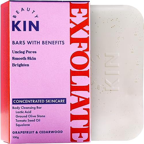 Beauty Kin - Körperpeeling-Body Bar für Verstopfte Poren mit Milchsäure, Gemahlenem Olivenkern und Grapefruit - Groß 150g, Veganes, Nachhaltiges & Tierversuchsfreies Seifenstück für Männer Frauen