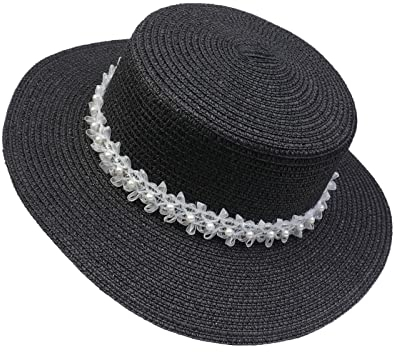 JK Home Pliable Chapeau de Soleil Femme Panama en Paille Capeline Large Bord avec Ruban Mariage Plage Noir