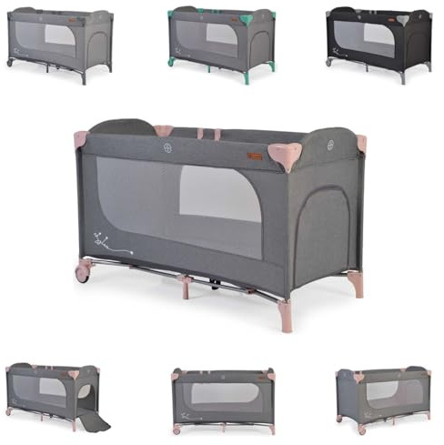 Cangaroo Reisebett Skyglow Laufstall 2 Räder mit Bremsen Matratze Seiteneingang, Farbe:rosa