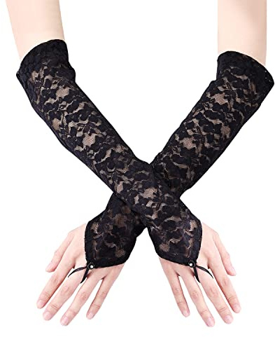 KINBOM Långa Spetshandskar, Bröllopshandskar för Bröllop Fingerlösa Spetshandskar för Kvinnor Tea Party 1920-Talskostymer Operafest Maskerad, Armbågslängd 40cm