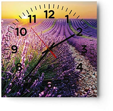 Modern Wanduhr Feld Lavendel Sonne 30x30cm Quadrat Klein Wand Uhr Glas Analog Zimmeruhren Küche Büro Wohnzimmer Glasuhr Wall Clock Dekoration Design Wanddekoration Küchenuhr C4AC30x30-4703