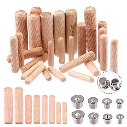 Glarks 508 Stück 1/4 Zoll 5/16 Zoll 3/8 Zoll 1/2 Zoll Holzdübelstifte abgeschrägte Enden geriffelter Dübel mit massiven Hohldübel Zapfen Zentren Set für Möbel, Kunstprojekte, Holzbearbeitungswerkzeug