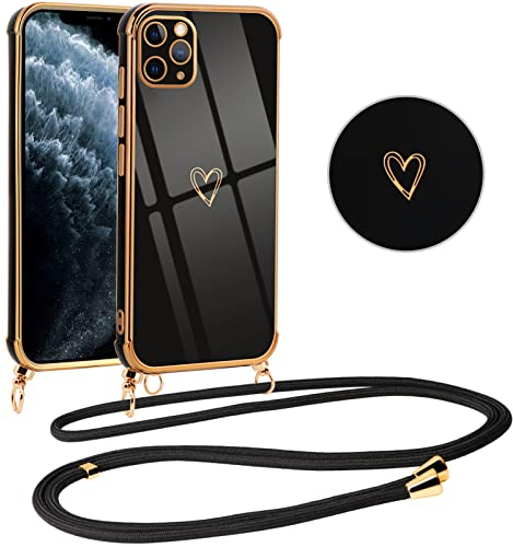 Vauki handyband für iPhone 11 Pro Max Hülle mit Band, Handyhülle Silikon Schwarz mit Herz Motiv, Ultra Dünn Stoßfeste Aesthetic Case mit Kordel zum Umhängen für iPhone 11 Pro Max 6.5
