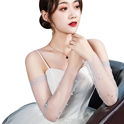 Fingerlose Handschuhe für Damen, Ellenbogen Lang Spitze Hochzeithandschuhe mit Perle Sommer Sonnenschutz Handschuhe Hochzeit Party Abend Handschuhe Fahrhandschuhe Armstulpen für Radsport,Grau