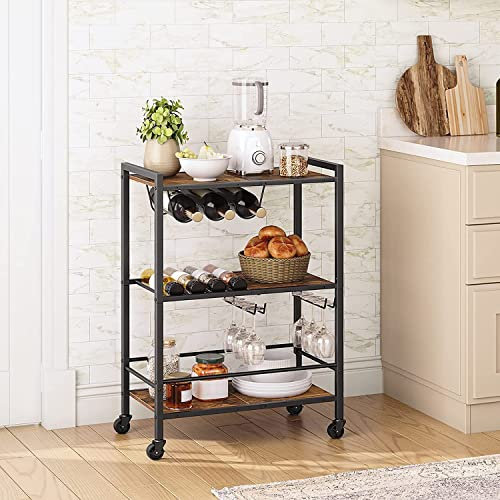 3 Tier Rolling Industrial Design Rustic Wooden Bar Kitchen Food Serving Cart Trolley Wheels Cart with Lockable Wheels, for Dining Rooms, Living Room, Garden, Party