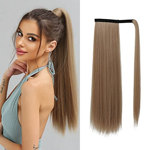 OUFEI Ponytail Extension Dunkelblond Lang Gerade Synthetisch Extensions Zopf Klettverschluss Natural Pferdeschwanz Haarteil für Damen-24Zoll