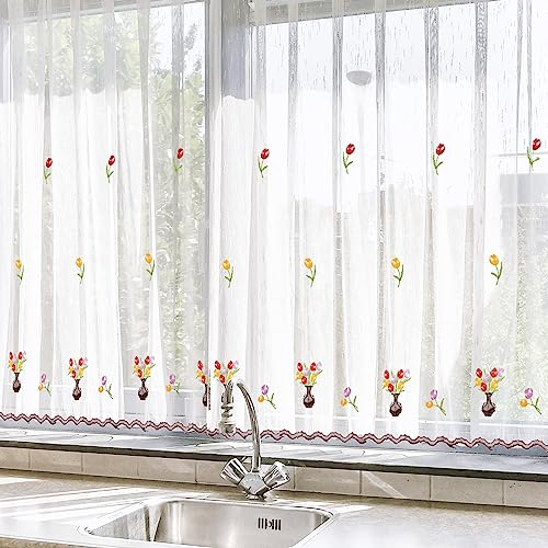 HOMEYA - Cortina Cocina Translúcida 140x140cm - Visillo Transparente Estampado para Ventana, Marco de Puerta - 1 Unidad