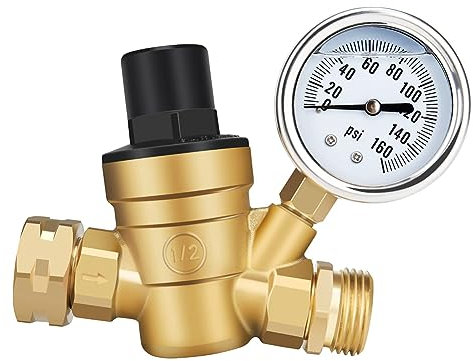 Funfob 1 Stück Einstellbarer Wasserdruckminderer Druckminderer Druckminderer Ventil mit Manometer und Einlasssieb Filter, Messing Bleifrei
