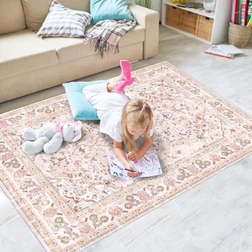 Vhong Teppich, waschbar, Boho, Vintage, modern, neutral, klein, für Esszimmer, Wohnzimmer, Schlafzimmer, Mädchenzimmer, Kinderzimmer, rutschfest, Rosa
