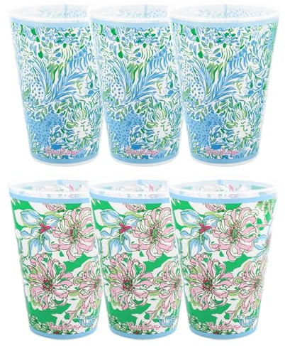 Lilly Pulitzer Bicchieri riutilizzabili in plastica da 400 ml, set di 6 bicchieri resistenti per bambini, motivo: Dandy Lions/Blossom Views