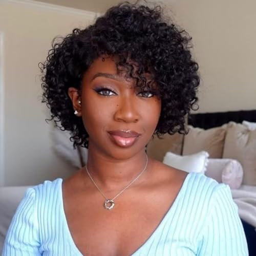 Perruque Bouclée Femme Perruque Femme Naturelle Courte Perruque avec Frange Culry Peruque Naturel Courte Femme Bouclée Noir Naturel Wig Human Hair with Bangs 8 pouces