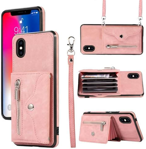 Asuwish Handyhülle für iPhone XS/X Hülle mit Band Kartenfach Klappbar Geldbörse Ständer Handyhüllen Cover Leder Kette iPhone10Hülle i 10 10s 10x 10xs Handy Hüllen Schutzhülle Damen Phone Case Roségold