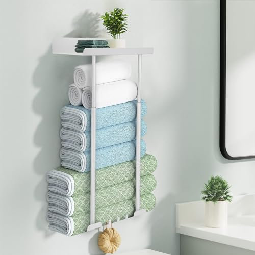 Wall Mounted White Towel Rack with Shelf and hooks, 41-75 CM, Adjustable