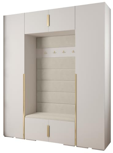 MEBLE KRYSPOL Inova 1 Möbelset - Moderne Garderobe - für Schlafzimmer, Wohnzimmer, Flur, Kinderzimmer - Ankleidemöbel - 236,7x200x47cm - Weiß, Paneele Manila 02, Handgriff Gold