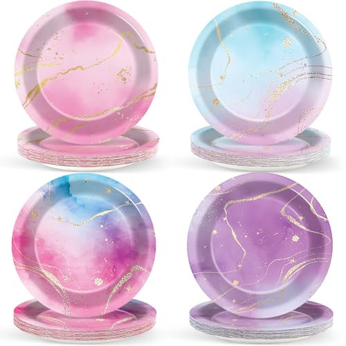 Lonfliness 48PCS Tie Dye Party Paper Plates 7inch Pink and Purple Birthday Party Plates Tie Dye Party Decorations Mermaid Unicorn Party Tableware Kit for Baby Shower Birthday Wedding Party Supplies