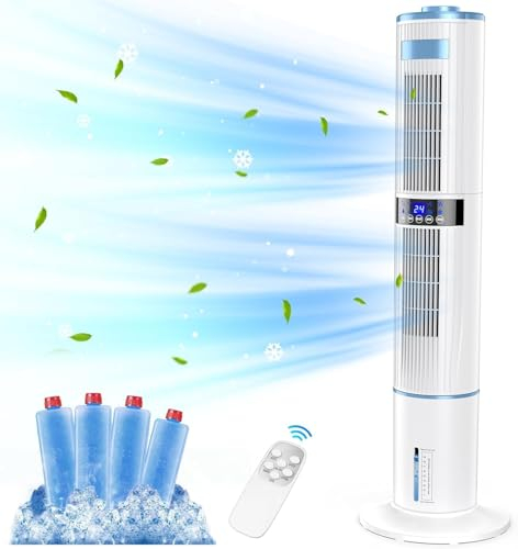 Klimaanlage Mobile Klimagerät Turmventilator Luftkühler mit Wasserkühlung Klimaanlage Ohne Abluftschlauch Ventilator Verdunstungskühler 24h Timer 4 Modi Mit 4L Wassertank Fernbedienung 65W