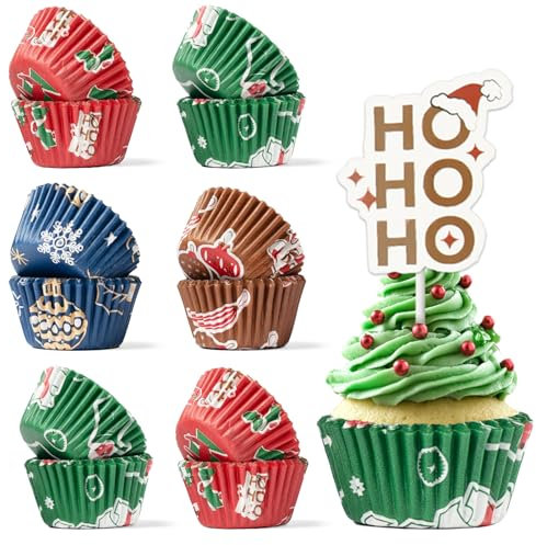 Weihnachts-Cupcake-Förmchen Pirottini aus Papier mit 12 Muffin-Toppern,400 Stück,antihaftbeschichtet, lebensmittelechtes Pergament,Cupcake-Förmchen für Geburtstagsparty,Dessert,Gebäck