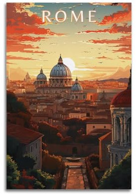 FQCYN Vintage-Reiseposter, Rom, Italien, Poster, Wandkunstdruck, Retro, ästhetische Raumdekoration, Malerei, Leinwand, Heim- und Bürodekoration, 30 x 45 cm, ungerahmter Stil