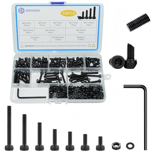 WZHUIDA 330 Stück M4 Schrauben Set, Schwarz Metrisch Zylinderkopfschrauben Innensechskant Schrauben Muttern und Unterlegscheiben Sortiment Set, Gewindemaschinen Sechskantschrauben