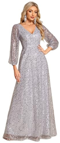 Ever-Pretty Women's Sequin A-Line V Neck Long Sheer Sleeves Tulle Evening Prom Dresses Silver 16UK