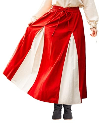 Leonardo Carbone® Damen Rock Isabella | Elastischer Bund | Schnürung Vorne | Karneval, Halloween, Cosplay, LARP, Mittelalter, Kostüm, Gewand, Festival | Baumwolle Rot/Natur L/XL