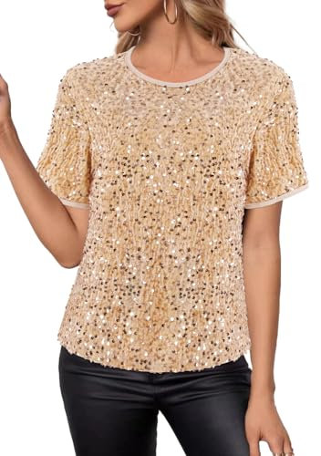 Segreto Damen Glitzer Pailletten Tops Short Sleeved Rundhals Locker Oberteil Glänzende Party Bluse T-Shirts Festliches Outfit, Gold Mesh Pailletten/XL