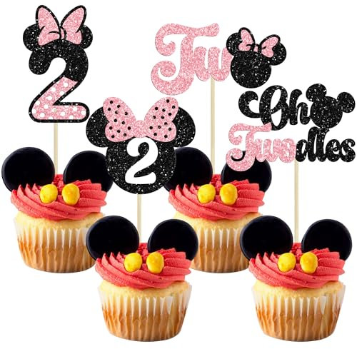 Ephlyn 24Pcs Mouse 2nd Birthday Cupcake Toppers, Pink Bow Mini Second Birthday Cake Decorations Mouse Two Oldes Cupcake Picks for Baby Shower Kids Birthday Party Decors Black Pink