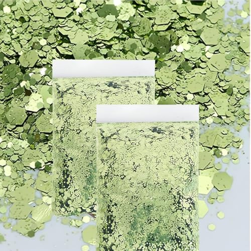 GIUSOBG 100g Glitzer zum Basteln Hellgrün Chunky Glitzer Feine Glitter | Schillernde Glitzerflocken, Kosmetik Make up Glitter für Gesicht Körper, Augen, Party, Nail Art, Craft Glitter für Harzepoxid