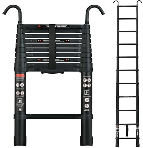 3,2M,Aluminum Lightweight Extension Ladder with Automatic Locking,Non-Slip Feet,Load 150kg/330lb,Multi-Purpose Collapsible Ladder for Household and Outdoor Working(Black)