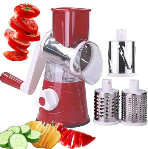 Rotary Cheese Grater, Vegetable Slicer with 3 Interchangeable Stainless Steel Drum Blades, Effortless Slicing and Dicing, 3-in-1 Handheld Vegetable Choppe for Cheese, Vegetables and Nuts