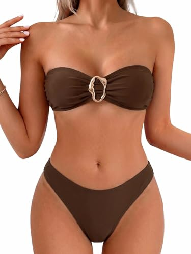 Fanuerg Trägerloses Bandeau-Bikini-Set für Damen, Ring-Raffhalter, zweiteiliger Badeanzug, hoher Schnitt, freche Badeanzüge