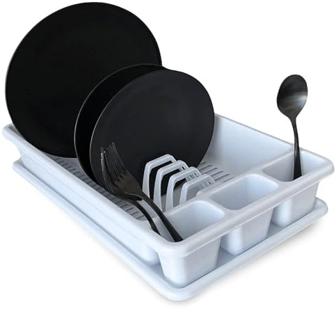 CHEFZOCO Escurreplato de plastico, Escurridor de Platos, Escurridor Fregadero de 2 módulos, con Bandeja Anti-Goteo, Organizador de vajilla, 45 cm de Ancho x 26.5 cm de Fondo x 9 cm de Altura, Blanco