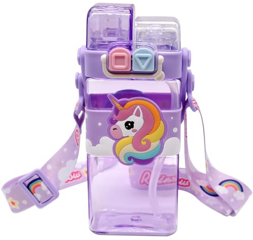 Unicorn Water Bottle with Straw, Unicorn Drinking Bottle Kids Water Bottle Large Capacity Plastic Bottles with Adjustable Strap Leakproof Double Drinking Sports Bottles for School Travel (520ML)