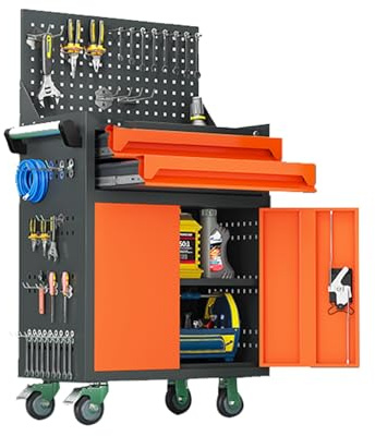 Werkzeugwagen mit Schublade und Stecktafel – Garagenaufbewahrung mit Griff, mobile Werkbank für Werkstatt und Garage (Orange, Stil 2)