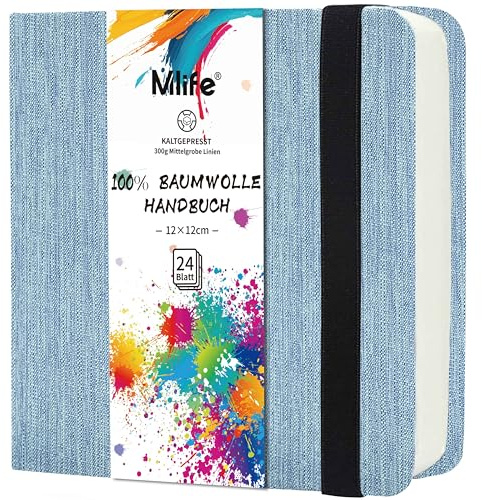 Mlife Quadratisches Doppelseitig Aquarellpapier Skizzenbuch, 100% Baumwolle, 300 g/m², Säurefrei,Aquarellblock ideal für Kunstliebhaber, Erwachsene, Studenten, 12,5 x 12,5 cm, Blau