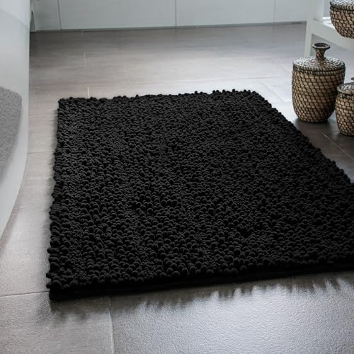 Wecon Home Benno getufteter Badteppich, 70 x 120 cm, schwarz | weicher Hochflor Chenille Badteppich, rutschfest, maschinenwaschbar, warm & gemutlich
