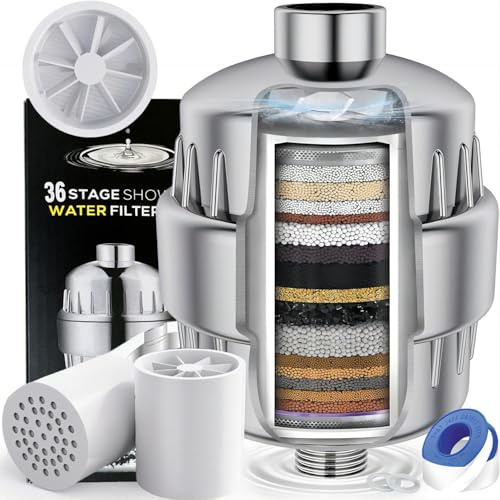 Guoxintech 36 Stage Shower Filter for Hard Water with Vitamin C, Removes Chlorine and Heavy Metals, Hair Loss Prevention Shower Head Filter with 2 Replaceable Cartridges for Healthier Skin and Hair