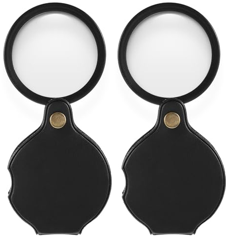 2 Stück Taschenlupe 20-fache Klappbar Mini Lupe Schwarz Vergrößerungsglas Faltbare Lupe Klein mit Drehbar Schutztasche für Lesen Bücher Zeitungen Landkarten Schmuck Reparieren Basteln (15 × 7 cm)