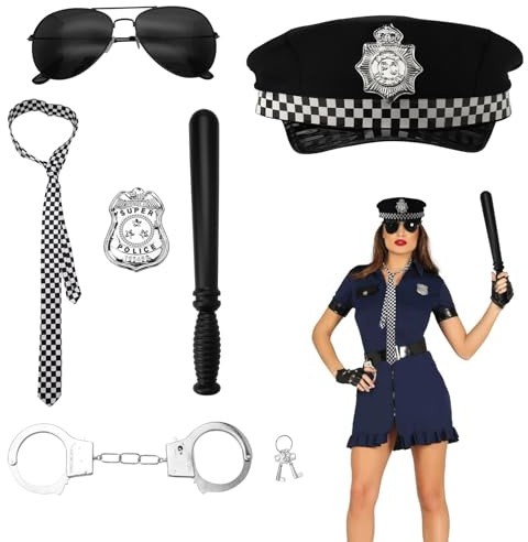 XRVRILE Polizei Kostüm Erwachsene, 6Pcs Polizei Kostüm Damen Herren mit Handschellen Polizeimütze Polizeimarke, Halloween Kostüm