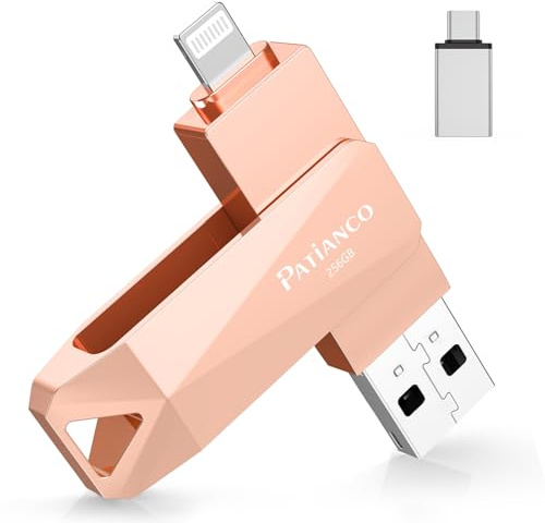 Chiavetta USB per iPhone, [MFi Certified] Patianco Pendrive per Lightning 256GB USB 3.0 Chiave USB C Memoria Stick 3 in 1 Backup Rapido con un Clic per OTG Android/Mac/PC/TypeC-iPhone/iPad(256G,Rosa)