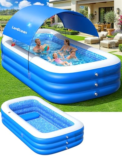 LanOcean Aufblasbarer Pool mit Sonnenschirm, 280*160*50CM Rechteckig Planschbecken für Kinder Groß, 0,53mm Dickes Aufblasbarer Pool Erwachsene mit Sitz & Becherhalter, Familienpool für Garten Balkon