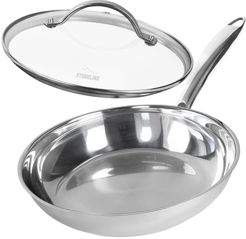 STONELINE PURE Edelstahlpfanne 24 cm, Pfanne mit Deckel, Edelstahl Bratpfanne ohne Beschichtung, spülmaschinenfest, ofenfest, für alle Herdarten und Induktion geeignet